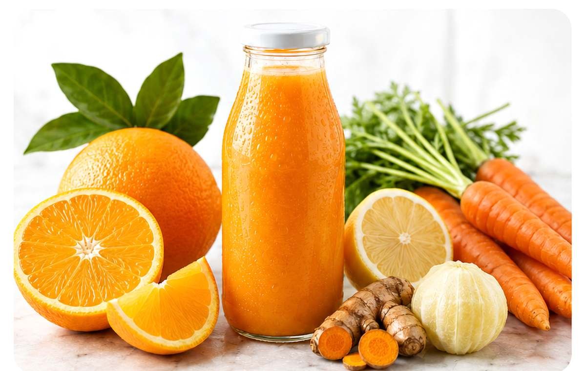 Jugo cold pressed recién preparado con zanahoria, naranja y manzana
